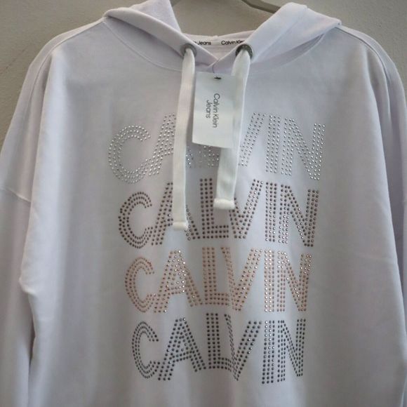Calvin Klein CJRT1994 Women Sz M White Studded Logo Graphic Hoodie Sweatshirt $7 - Picture 3 of 10